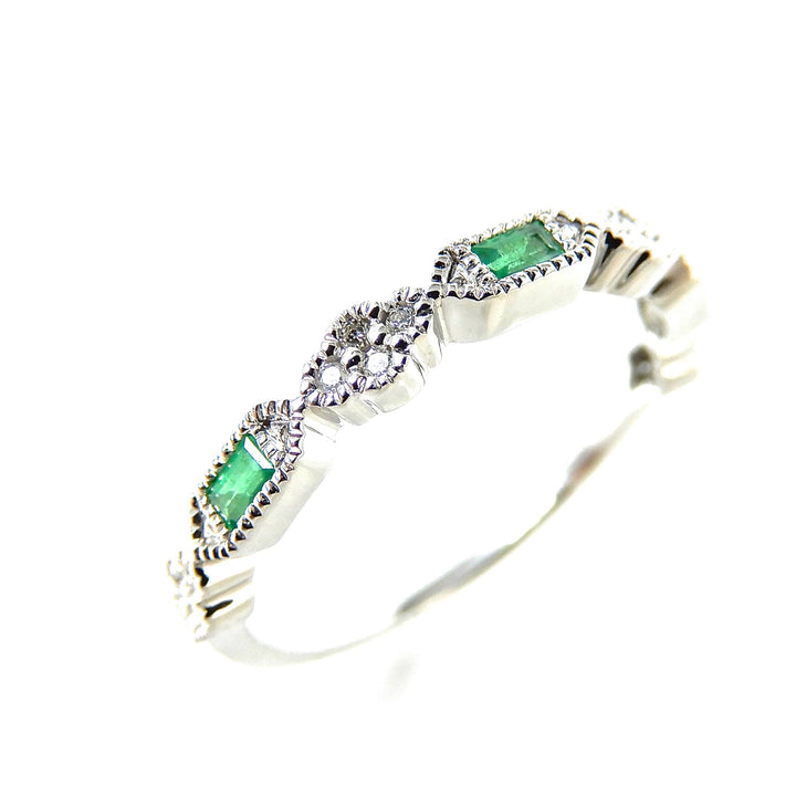 Baguette Emerald and Diamond Milgrain Stacker