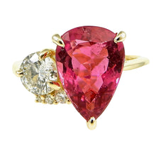 Load image into Gallery viewer, Pear Shaped Rhodolite Garnet and Diamond Toi Et Moi Ring