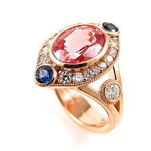 Load image into Gallery viewer, Padparadscha Sapphire and Diamond Halo Ring