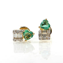 Load image into Gallery viewer, Diamond and Emerald Heart Stud Earrings