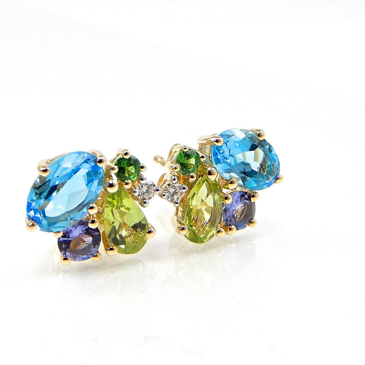 Multi-Colored Sapphire Cluster Stud Earrings