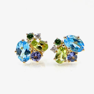 Multi-Colored Sapphire Cluster Stud Earrings