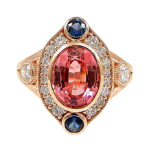 Load image into Gallery viewer, Padparadscha Sapphire and Diamond Halo Ring