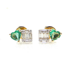 Load image into Gallery viewer, Diamond and Emerald Heart Stud Earrings