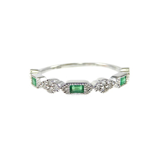 Baguette Emerald and Diamond Milgrain Stacker