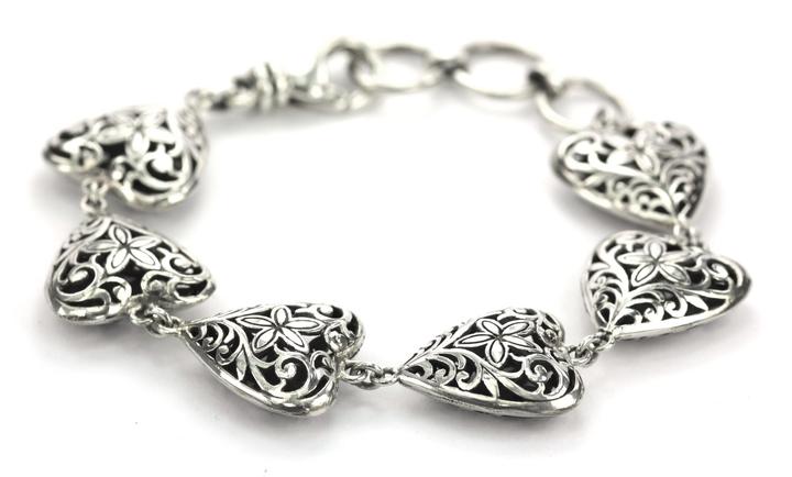 Bali Sterling Silver Filigree Heart Station Bracelet